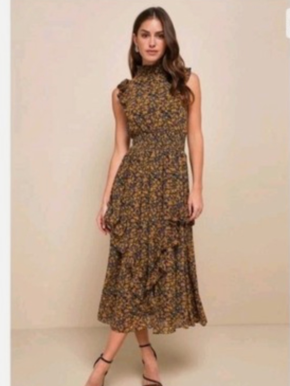 Lulu's Mustard Purple Floral High-Neck Maxi Dress